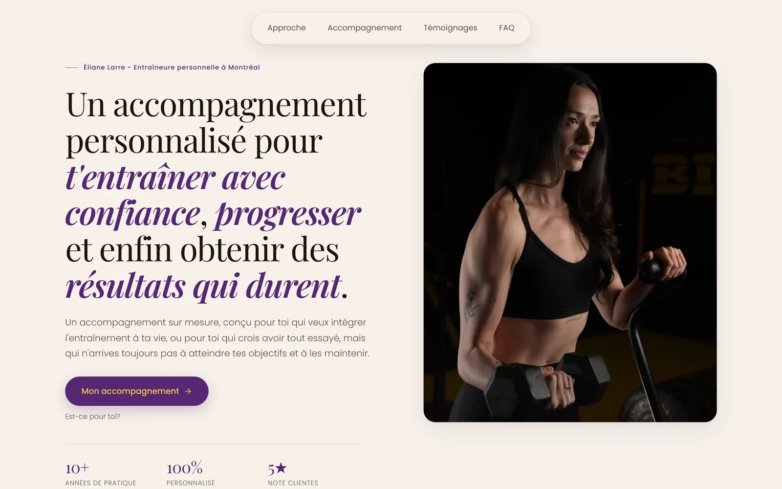 Page d'accueil du site d'Éliane Larre, entraîneure privée à Montréal